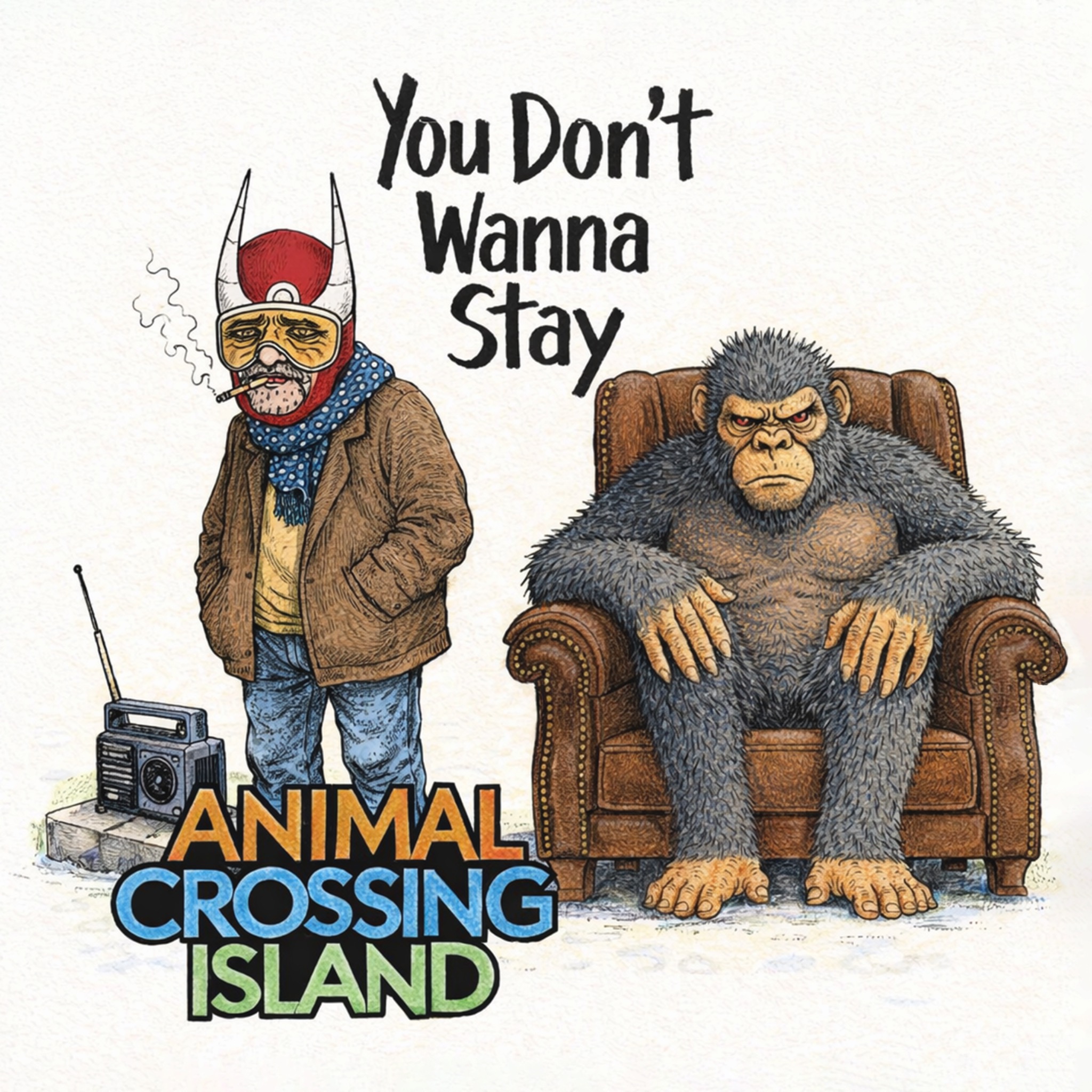 You Don’t Wanna Stay artwork by Animal Crossing Island: a bundled figure beside an old radio and a large ape sitting in an armchair.