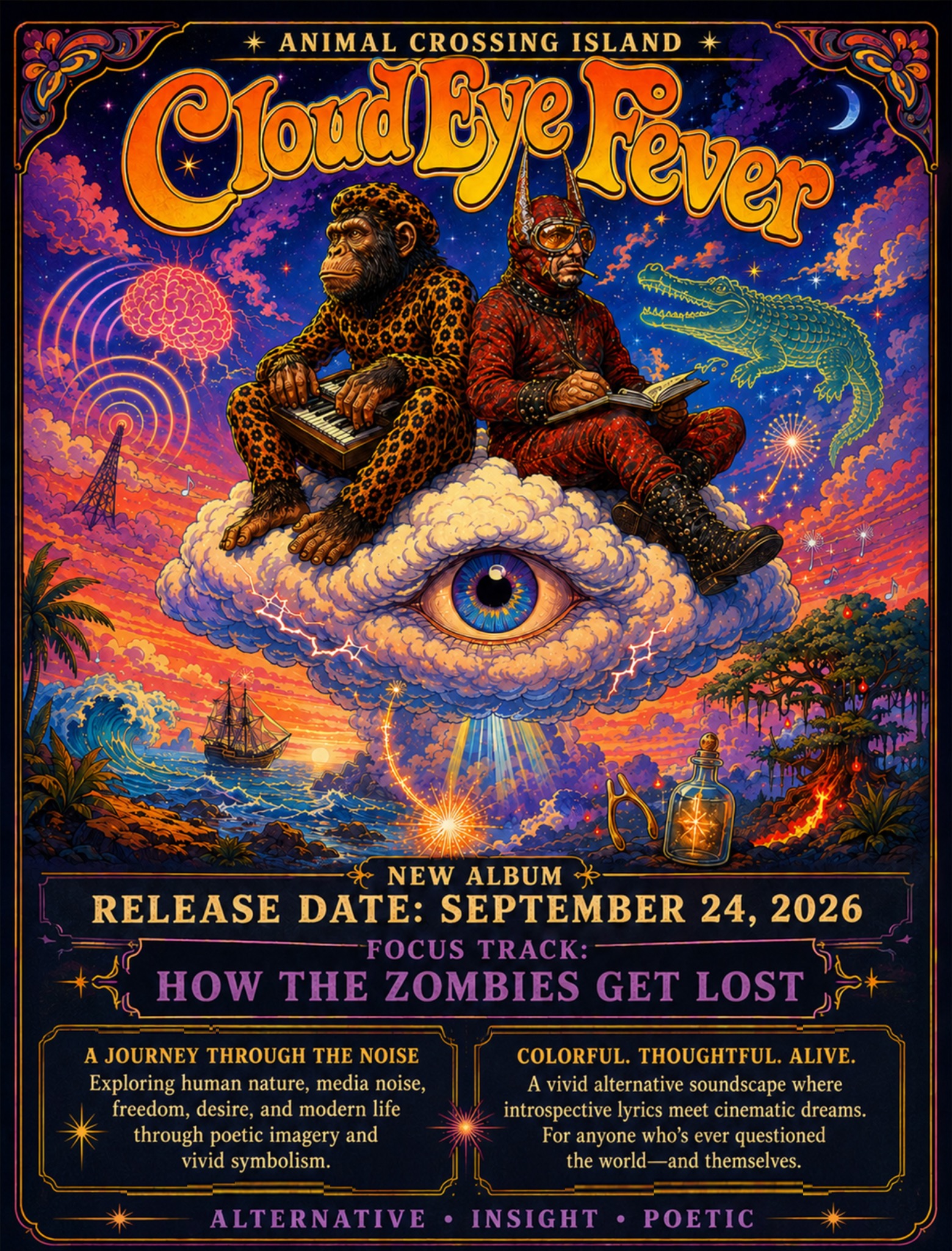 Animal Crossing Island Cloud Eye Fever official one sheet: September 24, 2026 release, with How the Zombies Get Lost as the focus track.