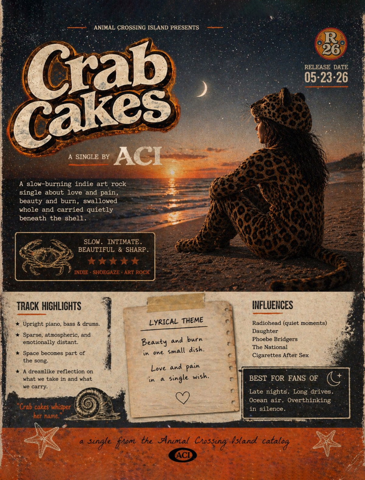 Official Crab Cakes one-sheet for Animal Crossing Island, with release details and single artwork.