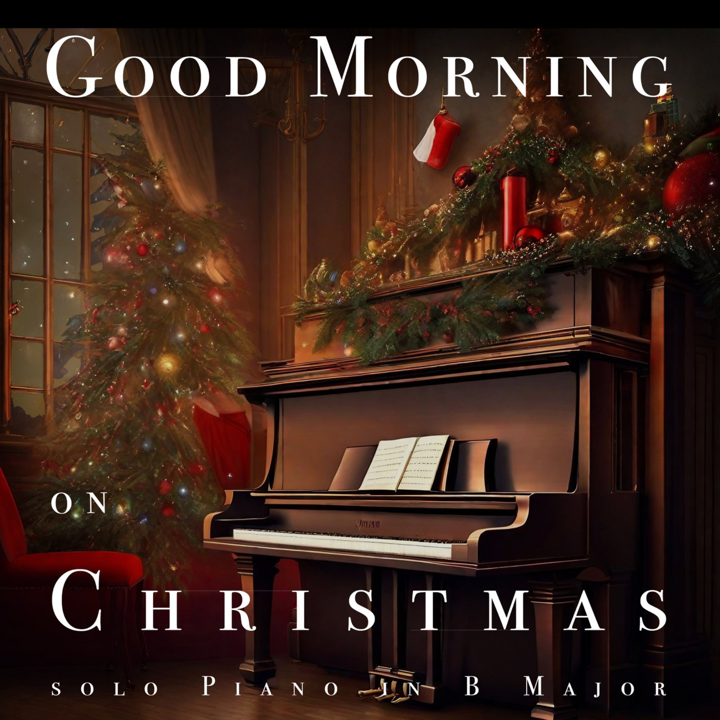 Original cover of Good Morning on Christmas, Solo Piano B Major, released by Ringtone Records 26 on November 7, 2023, showing a piano in a decorated Christmas room.