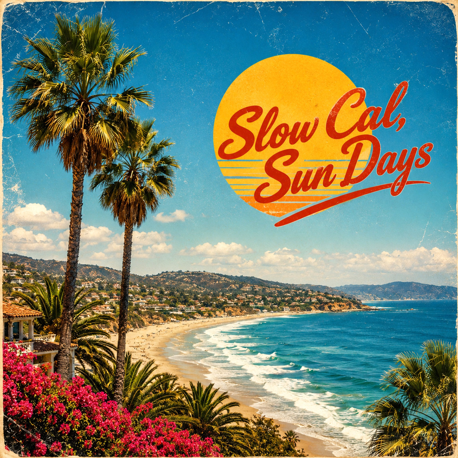 Instrumental Lounge Music: RRAI Slow Cal, Sun Days | RR26 RRAI Slow Cal, Sun Days cover showing palm trees, a California beach and a golden sun with red retro lettering.