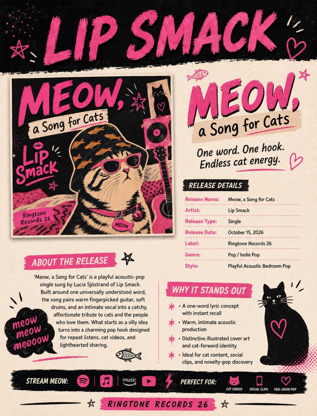 Lip Smack promotional one-sheet for ‘Meow, a Song for Cats,’ featuring the illustrated cat album artwork, release details, song description, and streaming service symbols in a pink, cream, and black design.