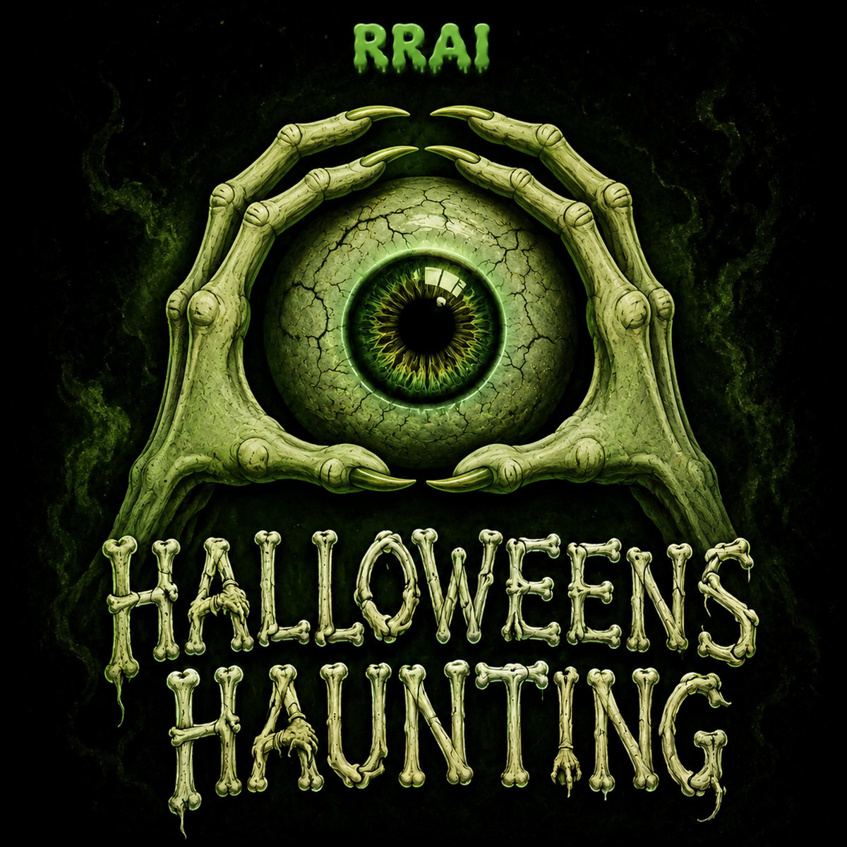 RRAI Halloween’s Haunting: Fun Instrumental Halloween Background Music RRAI’s Halloween’s Haunting album cover featuring a large green monster eye held by skeletal hands for a 24 track instrumental Halloween background music album.