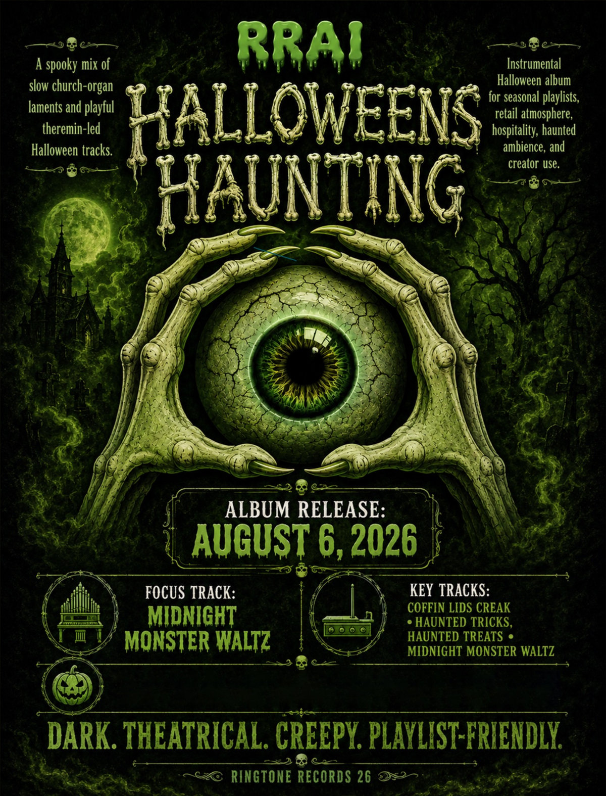 Promotional one sheet for RRAI’s Halloween’s Haunting featuring green monster eye artwork and release information for the 24 track Halloween instrumental album.