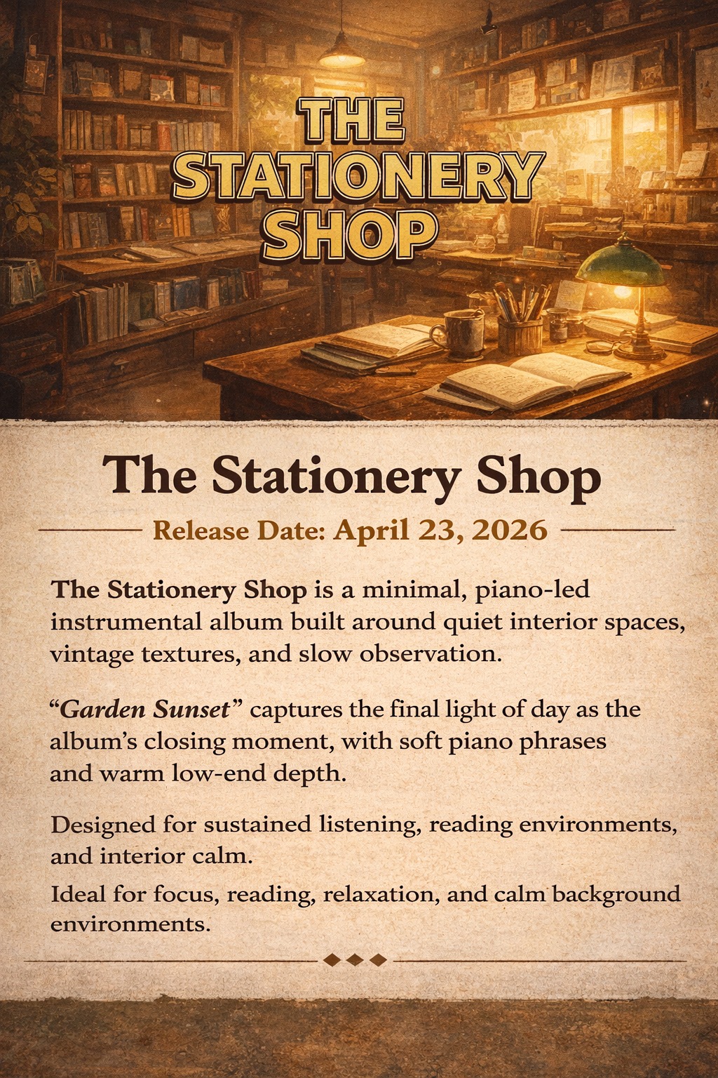 The Stationery Shop by RRAI release one-sheet, showing a vintage stationery shop, the April 23, 2026 release date and notes on the closing piano track Garden Sunset.