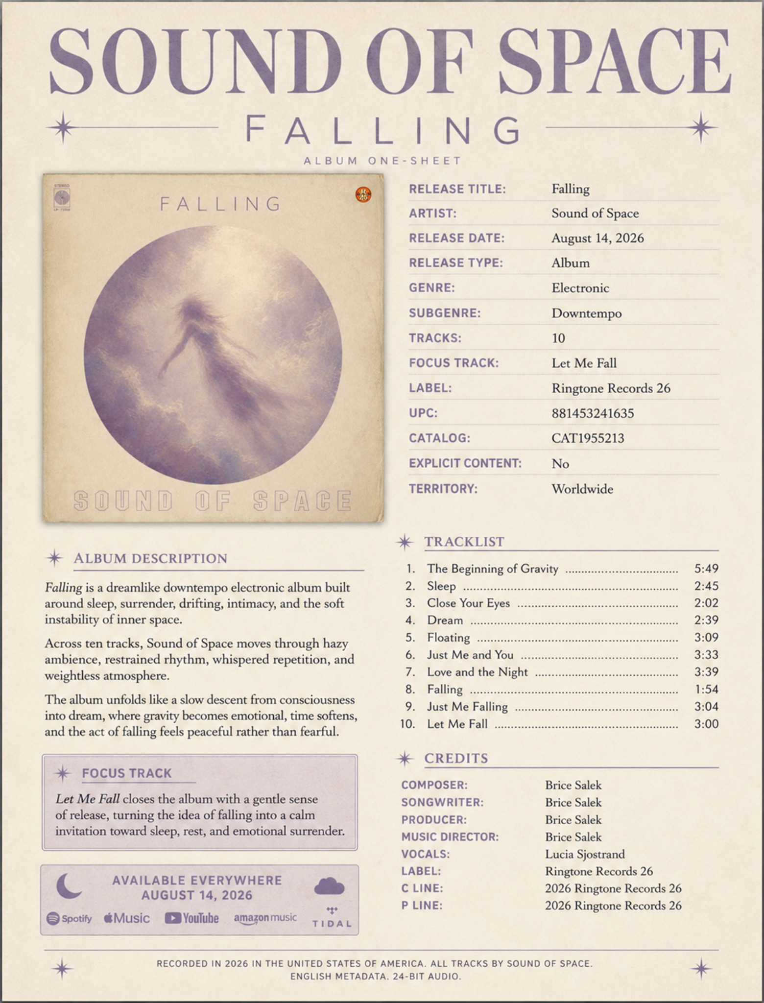 Sound of Space — Falling Official One-Sheet Official one-sheet for Falling by Sound of Space, with the album artwork, August 14, 2026 release date and downtempo electronic release information.