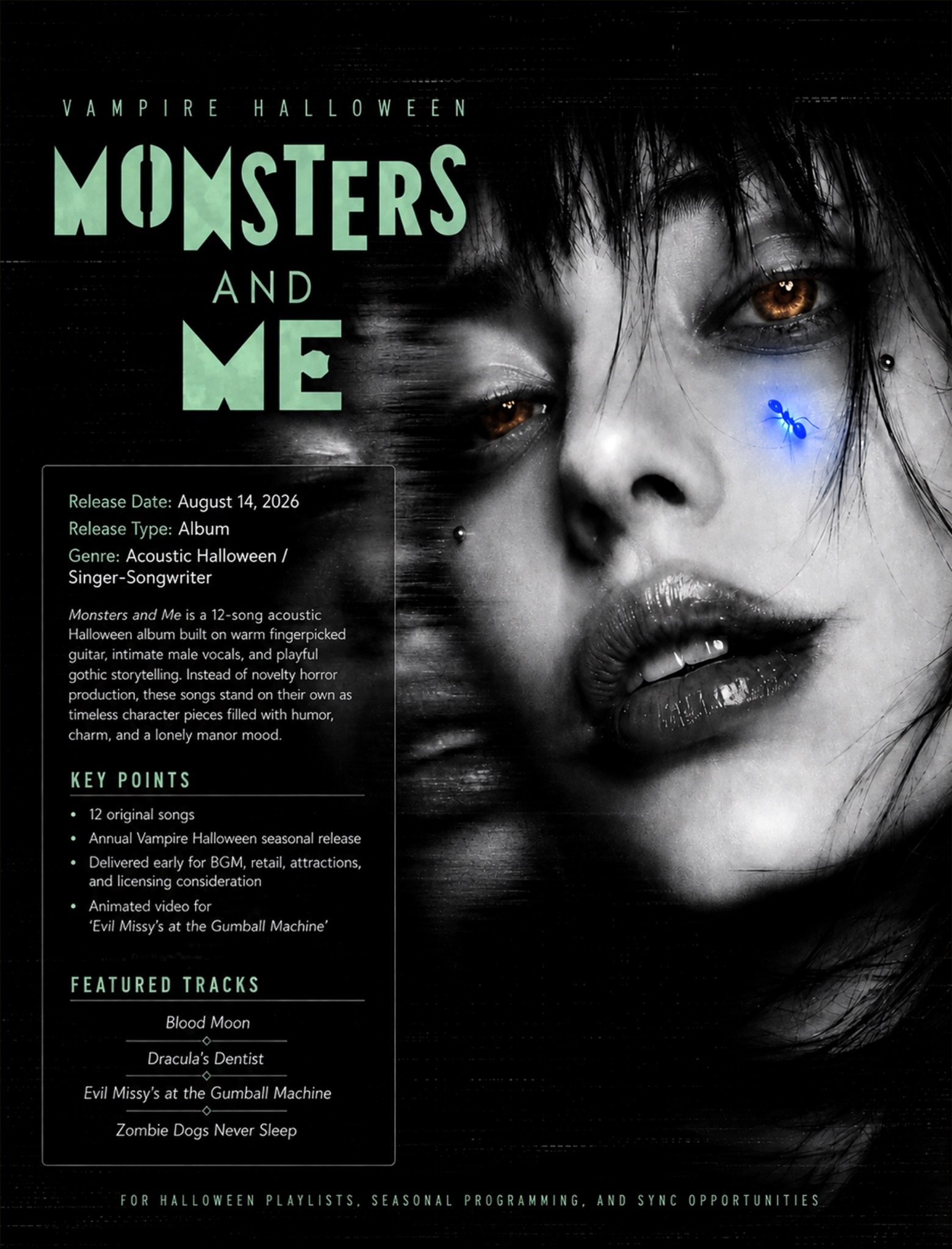 Vampire Halloween Monsters and Me official one sheet: August 14, 2026 release, 12 original songs, acoustic Halloween and singer-songwriter music.