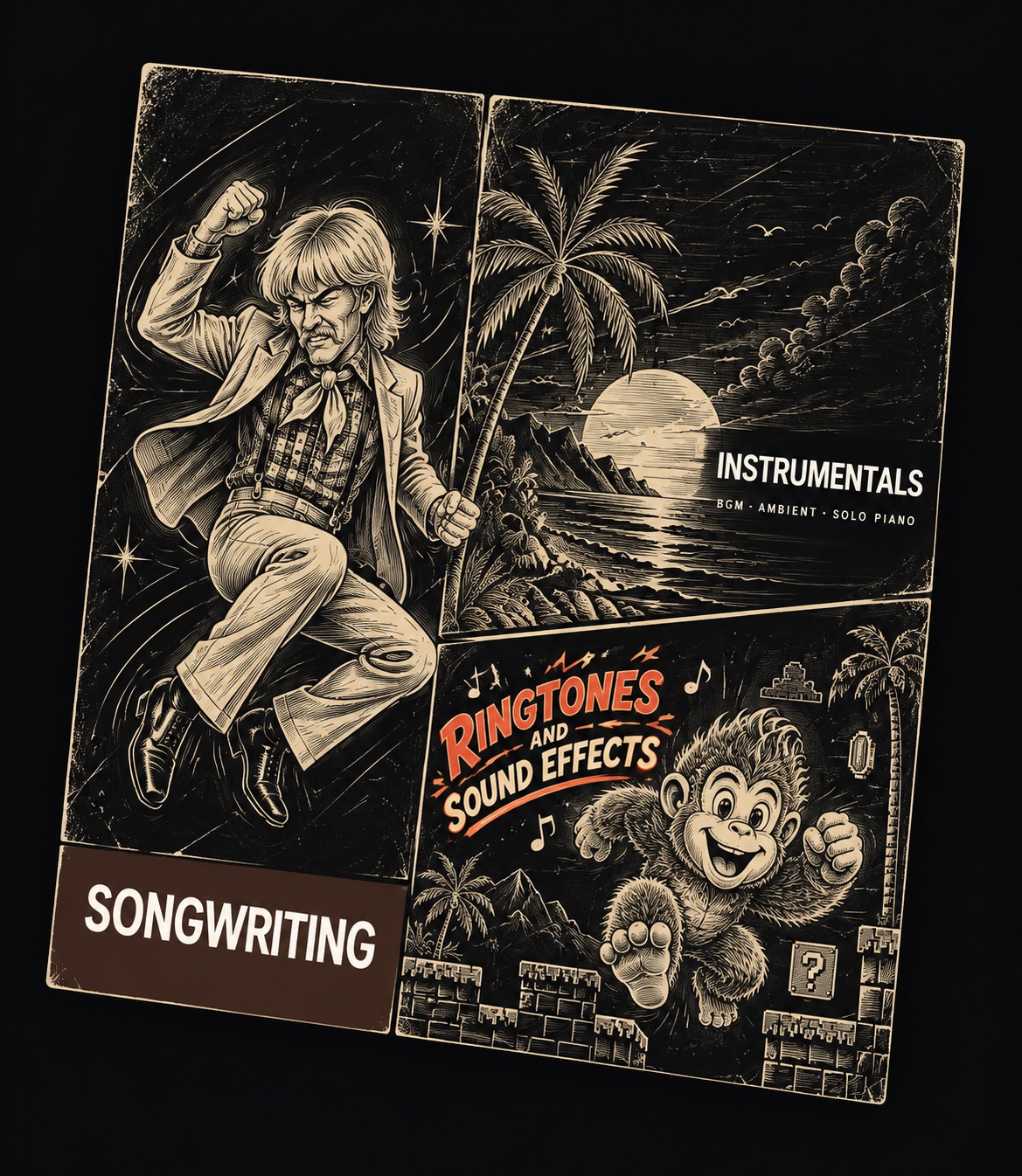 Portrait artwork of Ron Rick, a tropical instrumental landscape and a playful monkey representing songwriting, instrumentals, ringtones and sound effects.